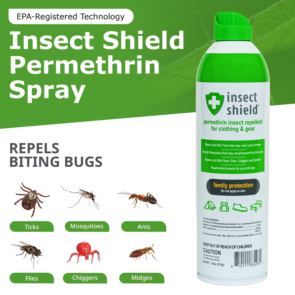 Insect Shield Premium Permethrin Spray mist applying evenly for long-lasting repellent on gear.