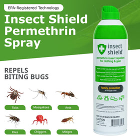 Insect Shield Premium Permethrin Spray mist applying evenly for long-lasting repellent on gear.