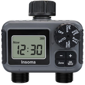 Insoma 2-Zone Sprinkler Timer front view showing dual outlets for targeted lawn watering.