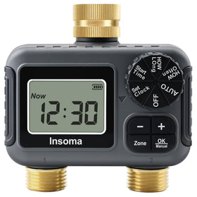 Insoma 2-zone timer with brass inlet and outlet for durable outdoor irrigation.