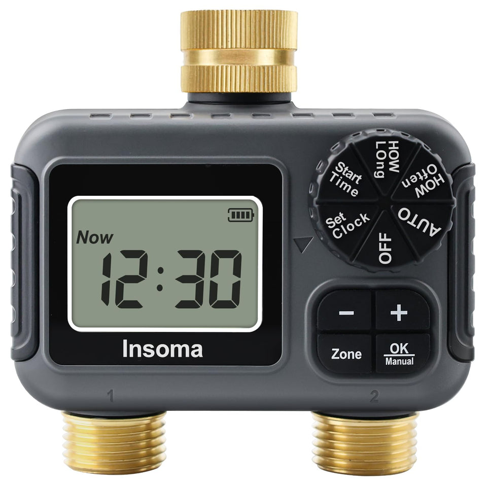 Insoma 2-zone timer with brass inlet and outlet for durable outdoor irrigation.
