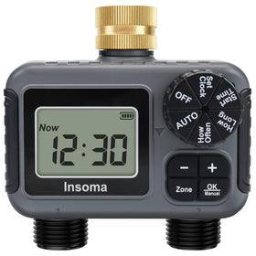 Insoma 2-Zone Hose Timer with brass inlet for two-zone irrigation control