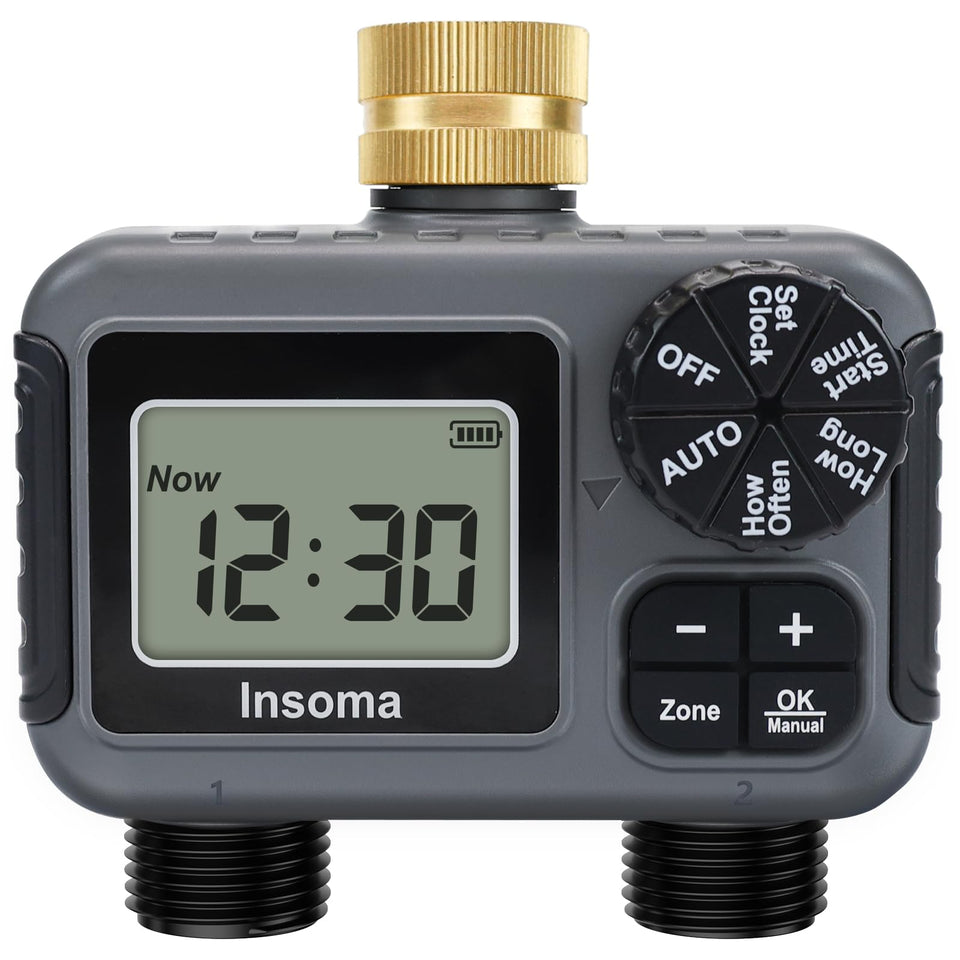 Insoma 2-Zone Hose Timer with brass inlet for two-zone irrigation control
