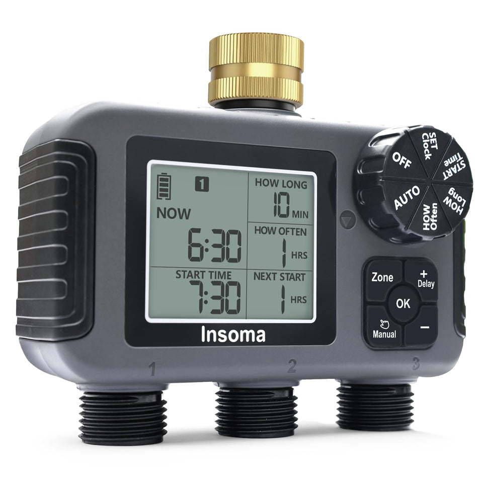 Insoma 3-zone sprinkler timer with brass inlet for precise outdoor watering.