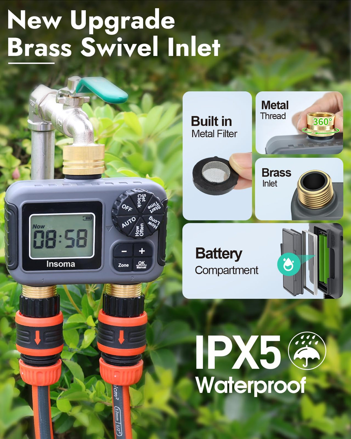 Brass swivel inlet/outlet on Insoma timer highlighting sturdy, leak-free connection