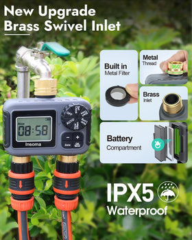 Brass swivel inlet/outlet on Insoma timer highlighting sturdy, leak-free connection