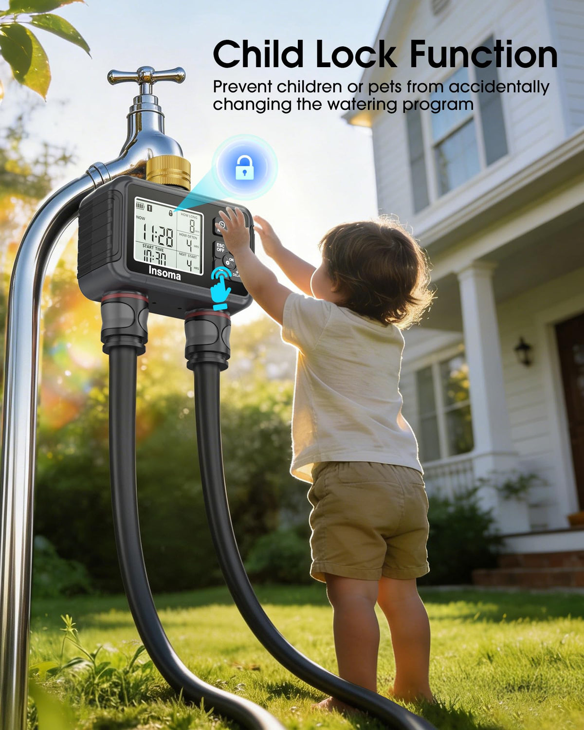 Insoma child lock protects settings from curious kids or pets.