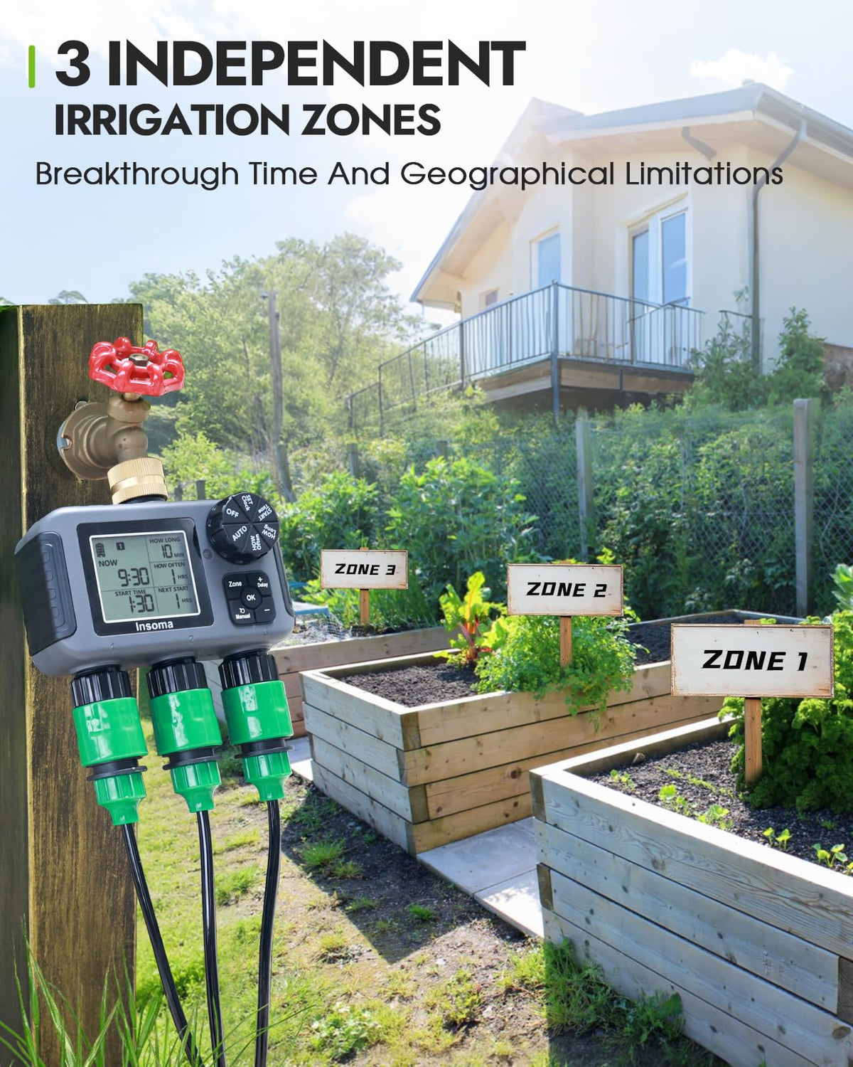 Insoma individual zone schedules allow tailored irrigation for different beds.
