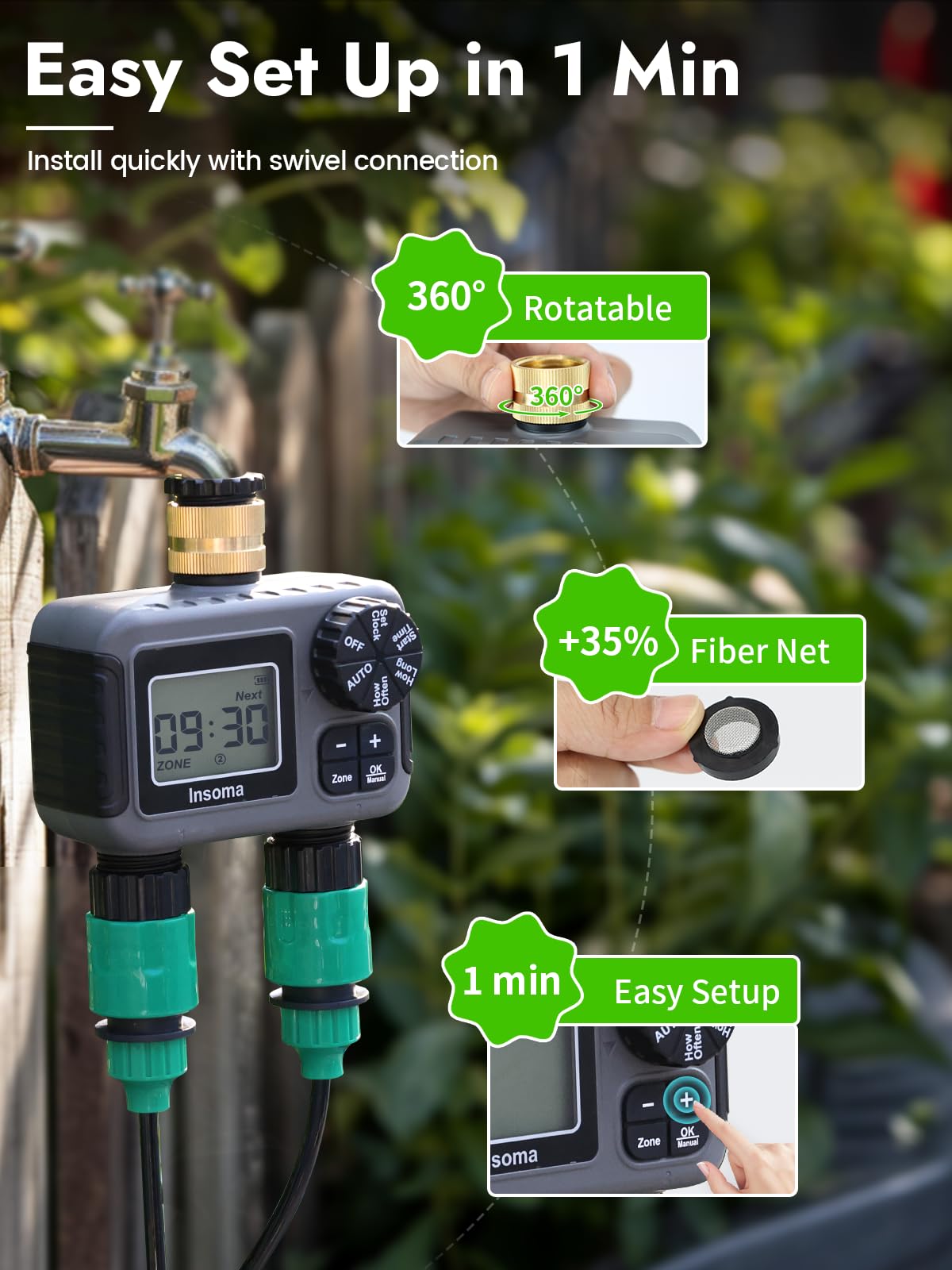 Insoma quick-install design fits standard hoses in seconds