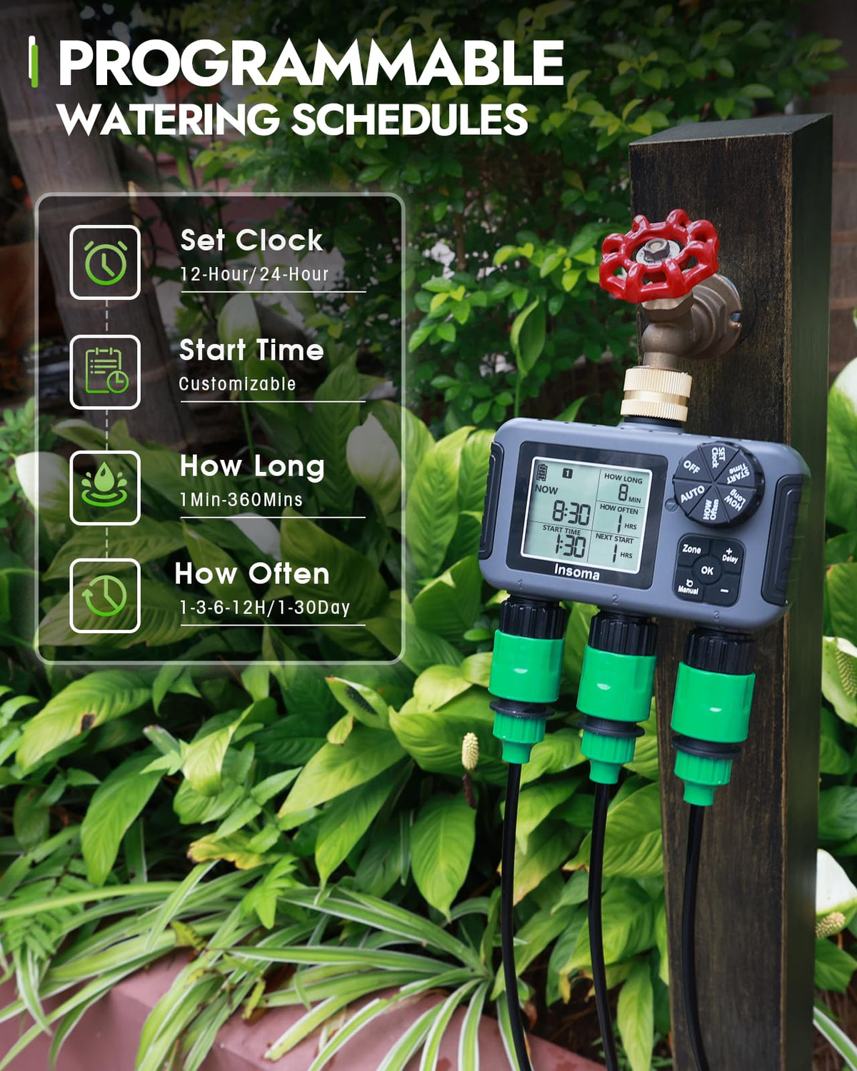 Insoma large LCD display simplifies setting up zones and programs.