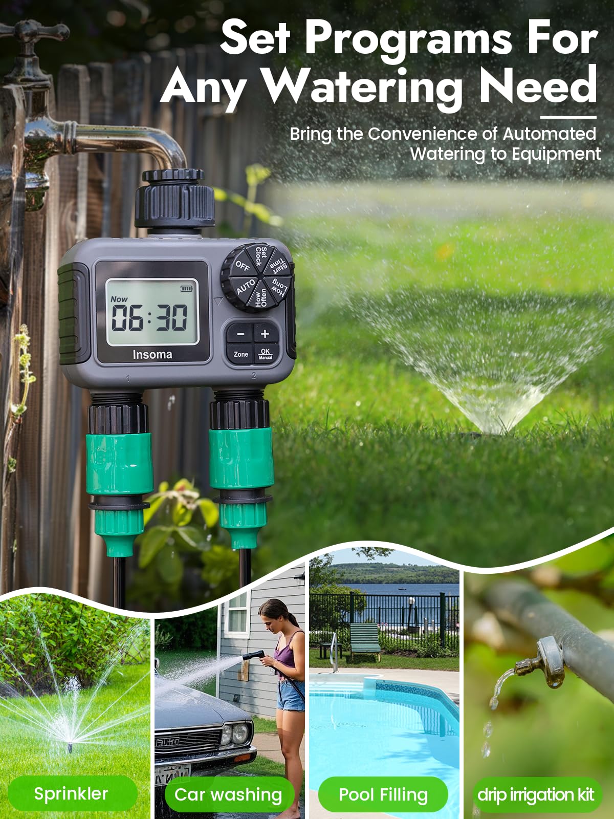 Insoma low-battery alert with child lock ensuring safe, waste-free outdoor watering.