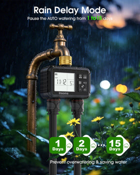 Insoma manual watering and rain delay prevent overwatering and waste.