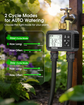 Insoma outdoor timer panel displaying zone controls for flexible scheduling.