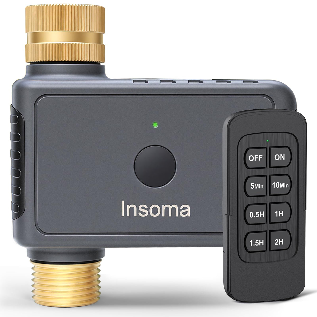 Insoma remote control sprinkler timer close-up of brass inlet, highlighting durability