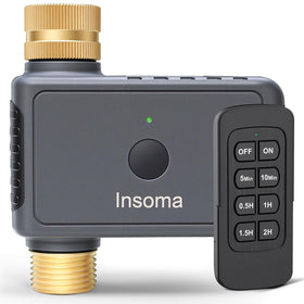 Insoma remote control sprinkler timer close-up of brass inlet, highlighting durability