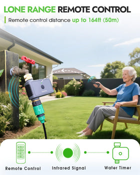 Insoma remote timer demonstrates 164 ft range for hands-free watering across space