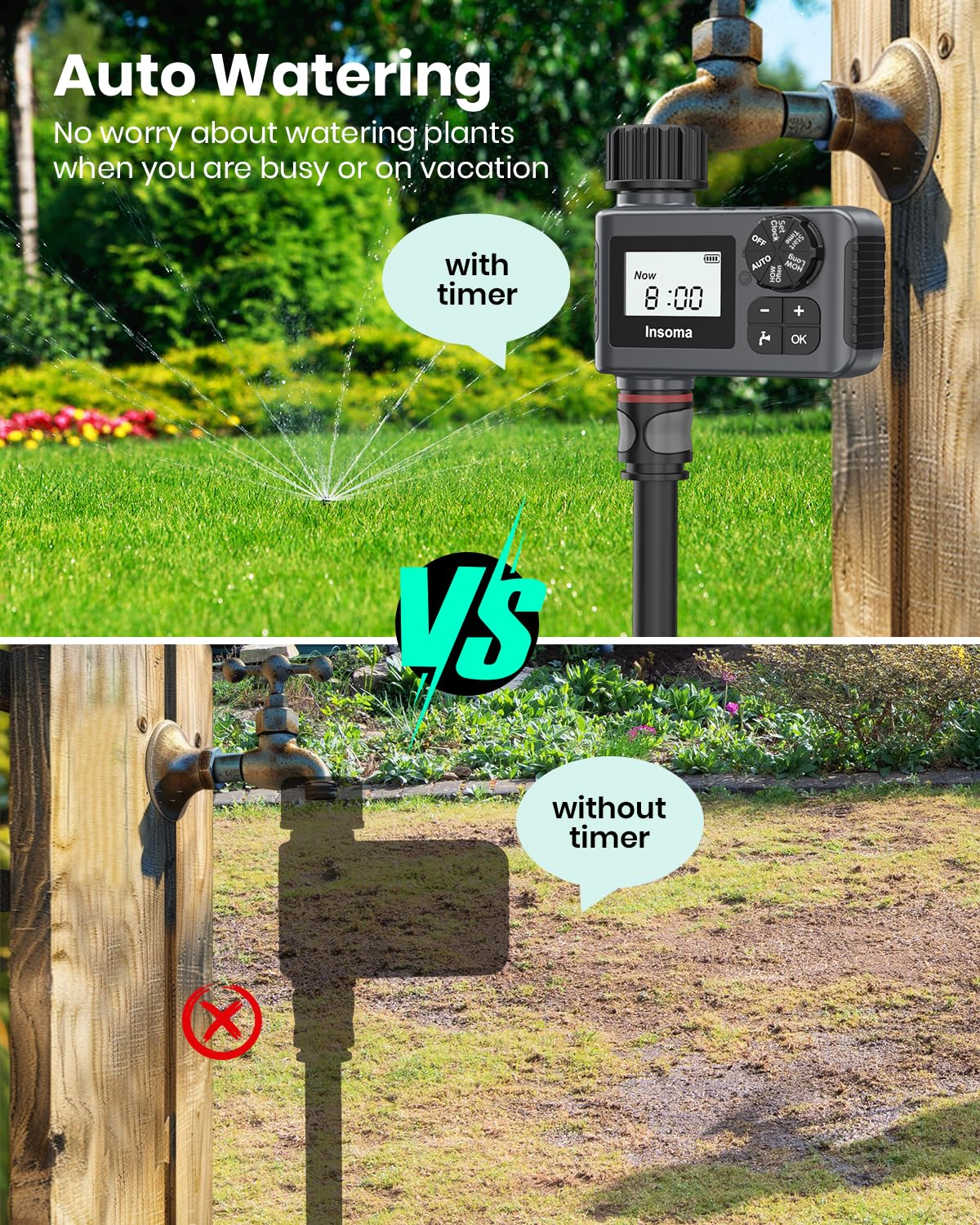 Insoma sprinkler timer showing Auto, Manual, and Rain Delay modes