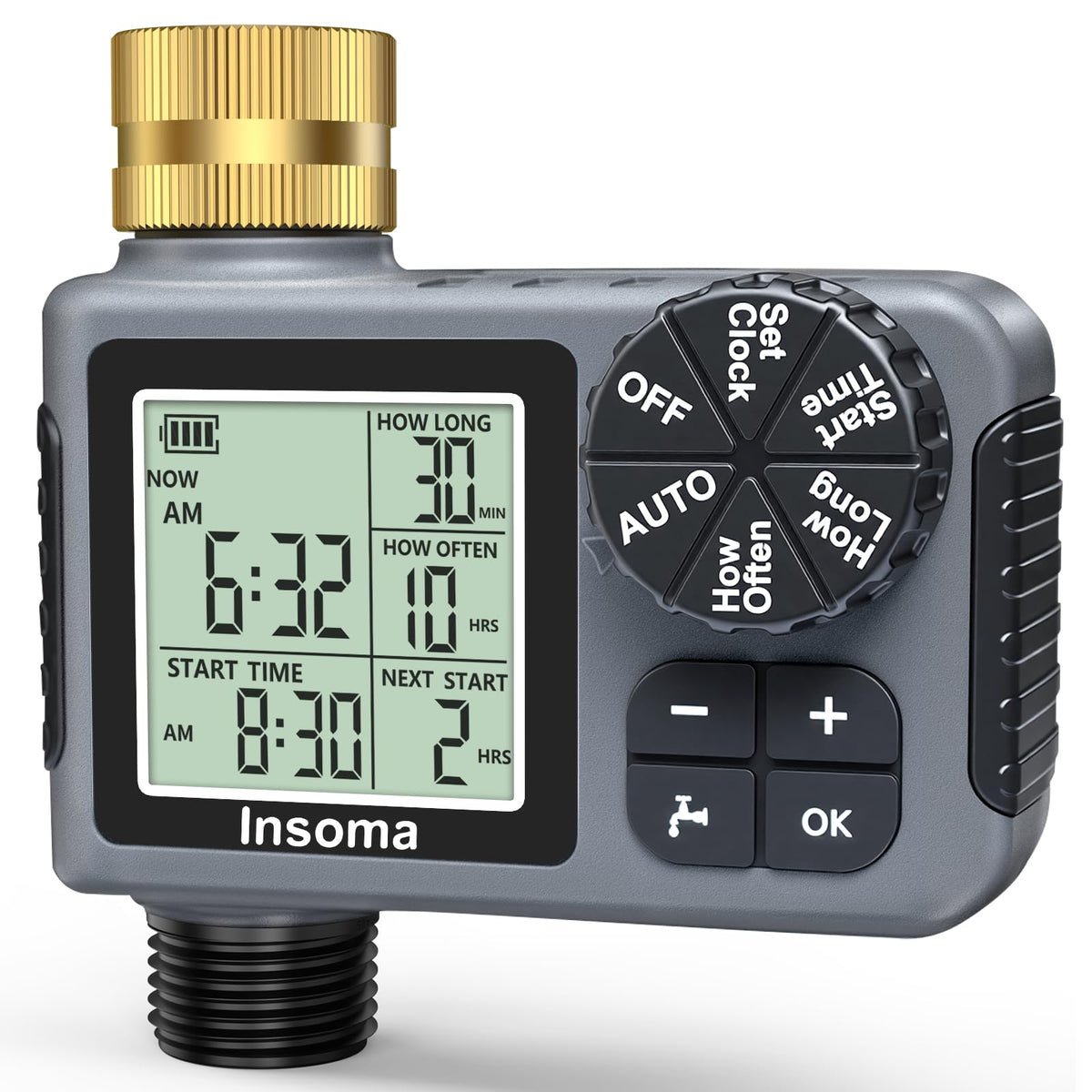 Insoma sprinkler timer with brass inlet for durable outdoor watering control