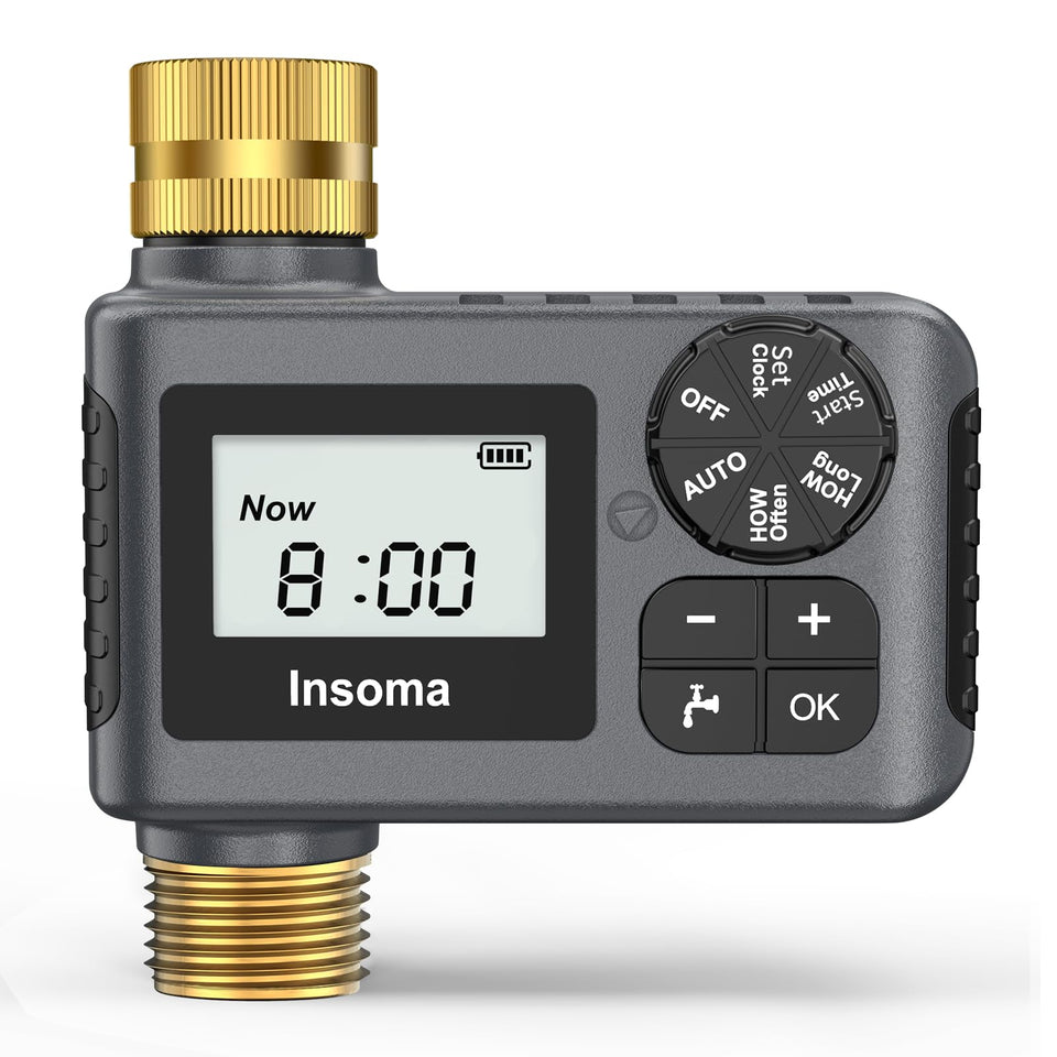 Insoma Sprinkler Timer brass inlet-outlet for durable outdoor watering.