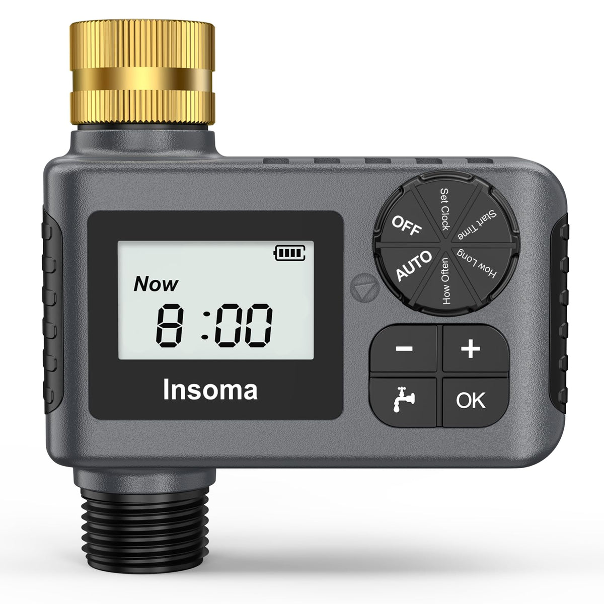 Insoma Sprinkler Timer with brass swivel ensures durable outdoor watering setup