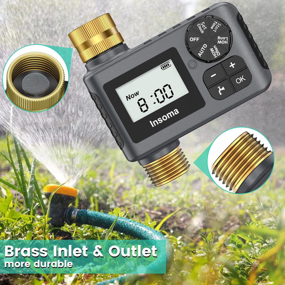 Insoma Sprinkler Timer IP55 waterproof body protects electronics from moisture.