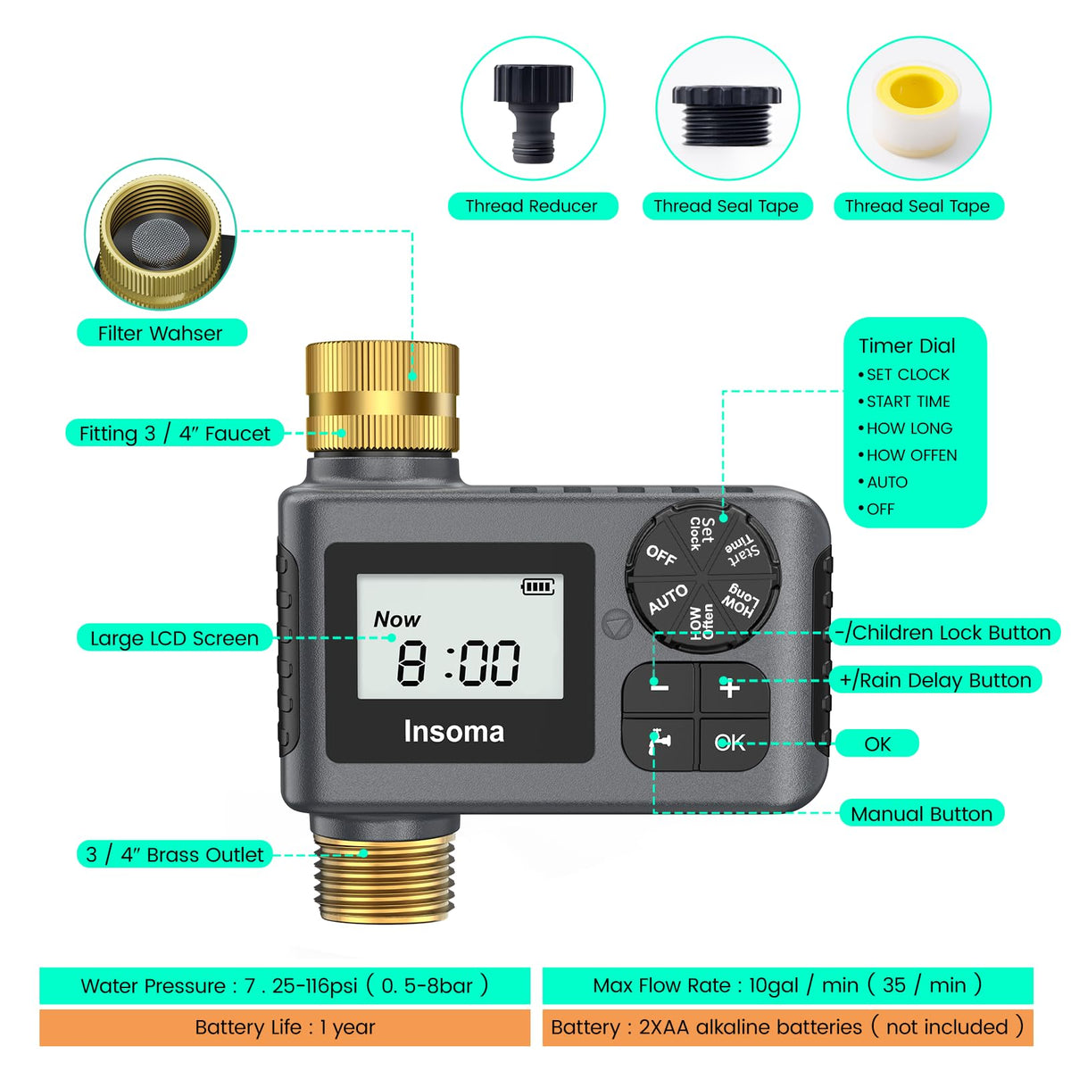 Insoma Sprinkler Timer outdoor setup ready for diverse irrigation applications.