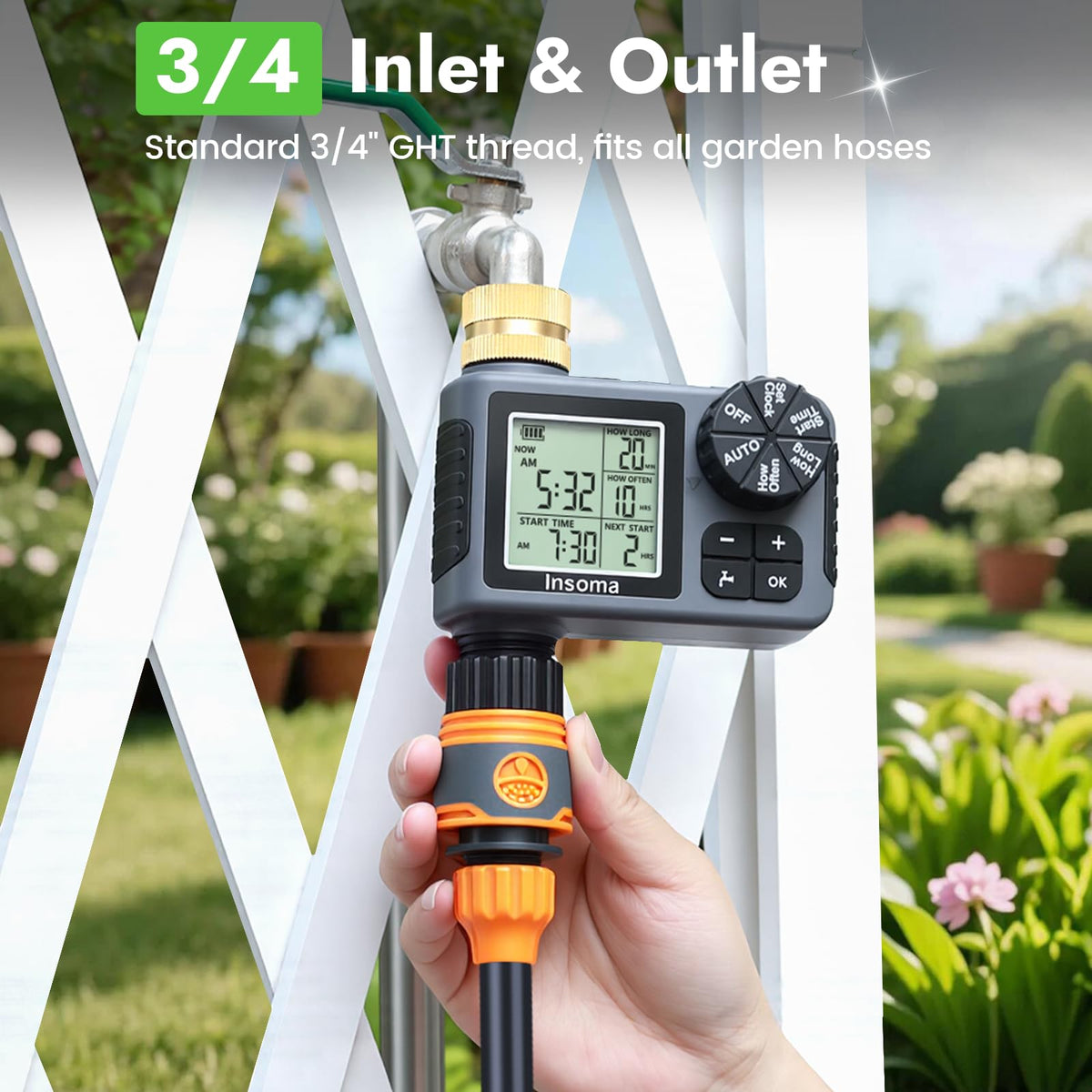 Insoma timer outdoor-ready with standard hose connections