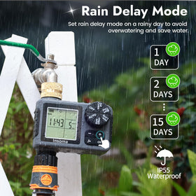 Insoma timer rain delay mode helps conserve water during rain