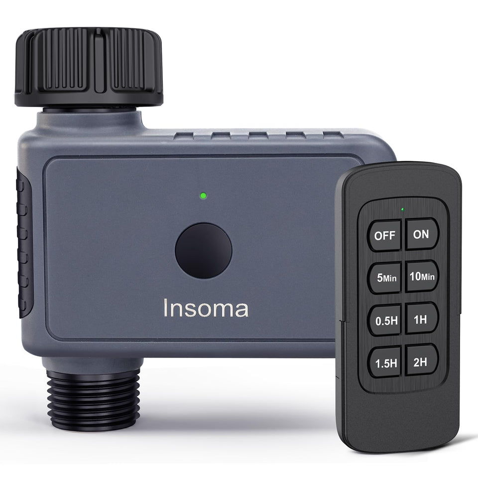 Insoma sprinkler timer with remote control enabling hands-free watering from outdoors.