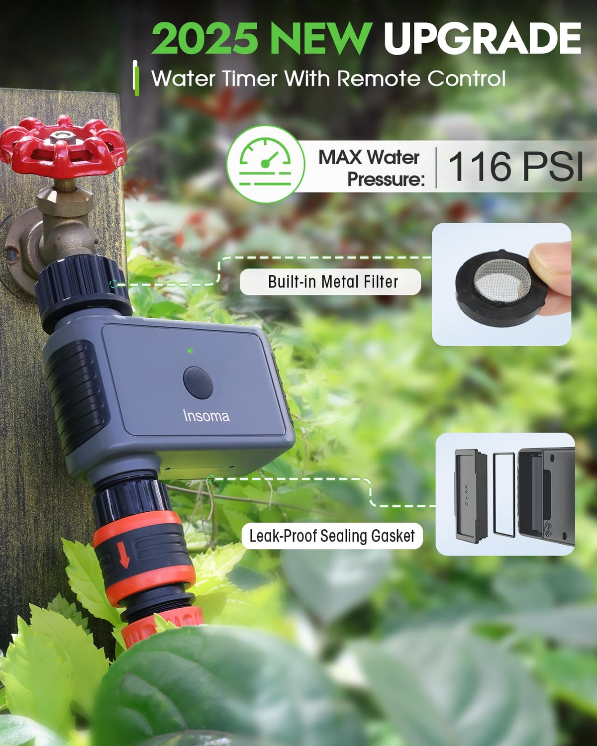 Insoma sprinkler timer showing six programmable periods for precise irrigation.