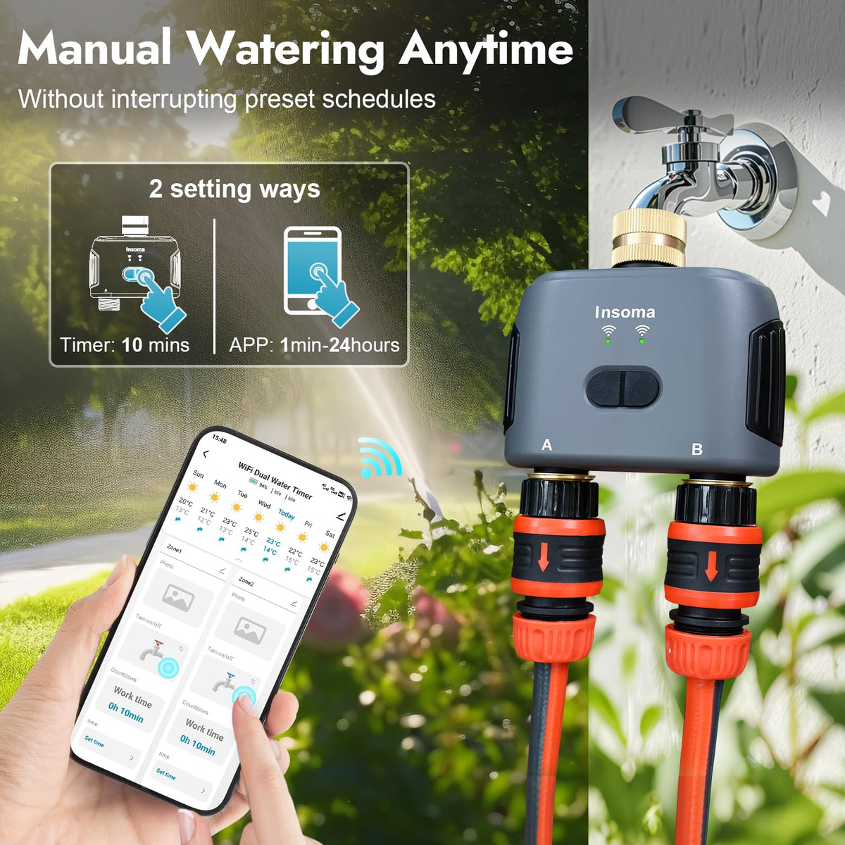 Insoma two outlets with independent zone scheduling for multi-area irrigation.