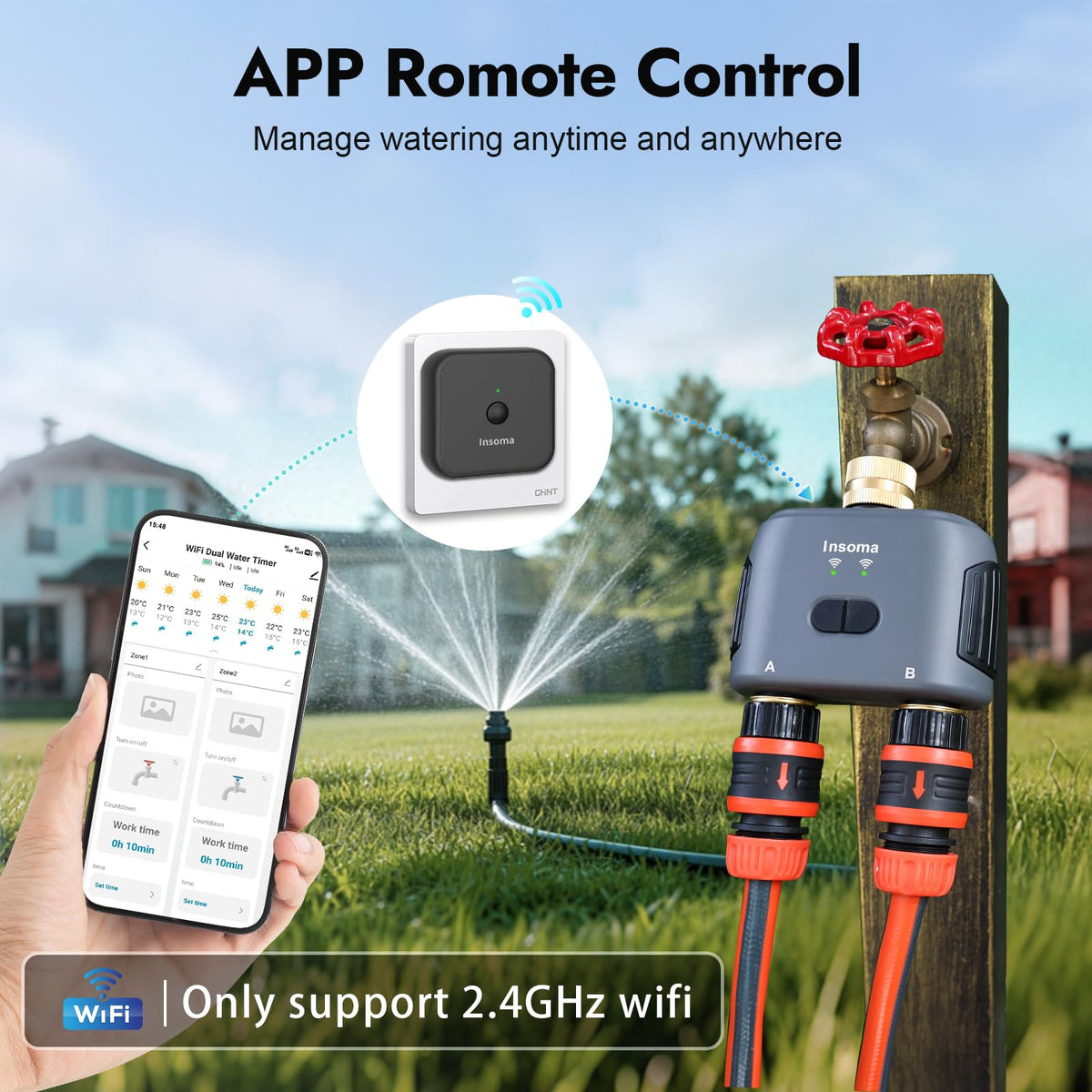 Insoma voice control works with Alexa and Google for hands-free watering.