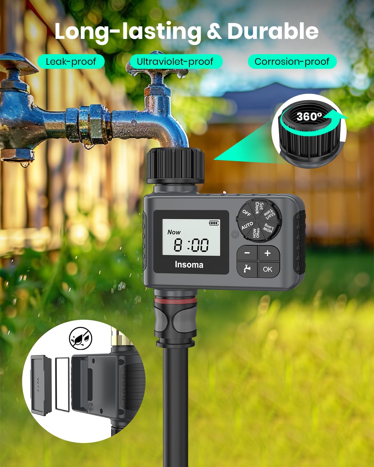 Insoma timer includes adapters to fit various hoses and faucets.