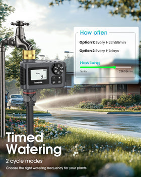Insoma timer showing Auto, Manual, and Rain Delay modes for flexible watering.