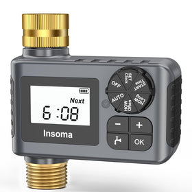 Insoma water timer with brass inlet-outlet for durable outdoor watering.