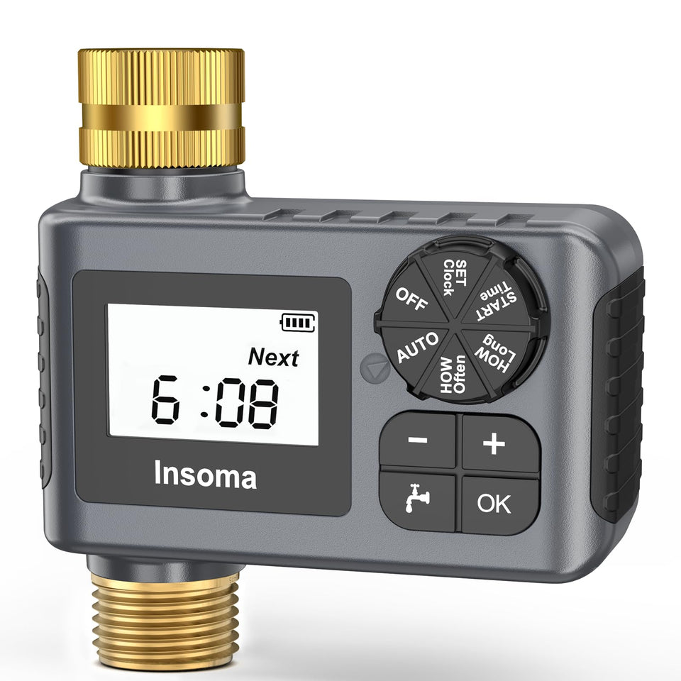 Insoma water timer with brass inlet-outlet for durable outdoor watering.