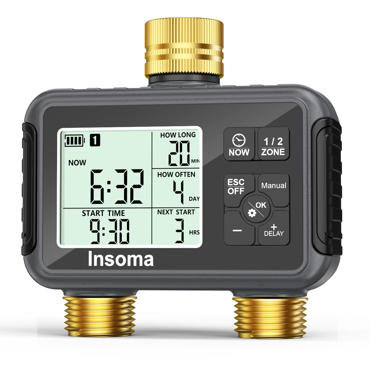 Insoma water timer with brass inlet and outlet shows durable construction for outdoor use.