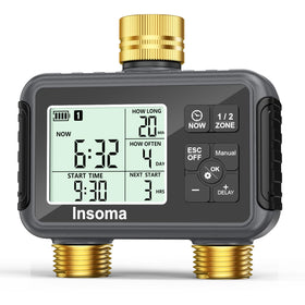 Insoma water timer with brass inlet and outlet shows durable construction for outdoor use.