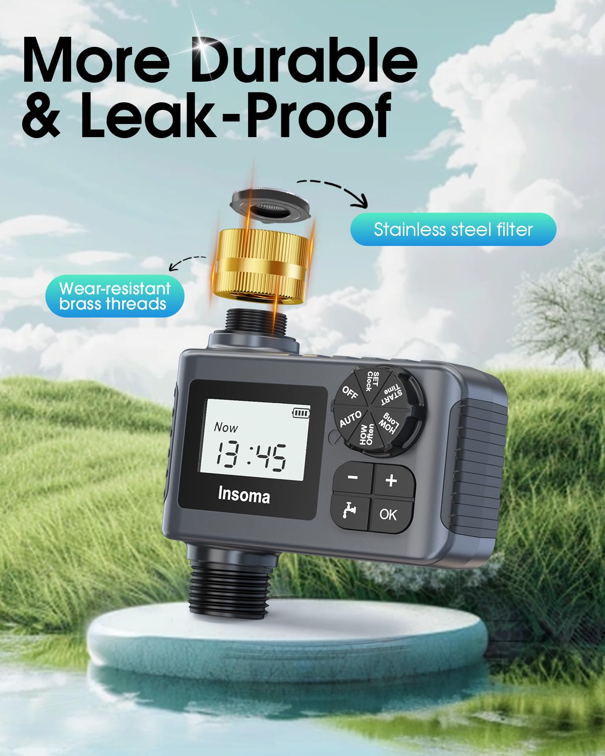 Insoma water timer dual-zone outlets enable flexible watering across areas.