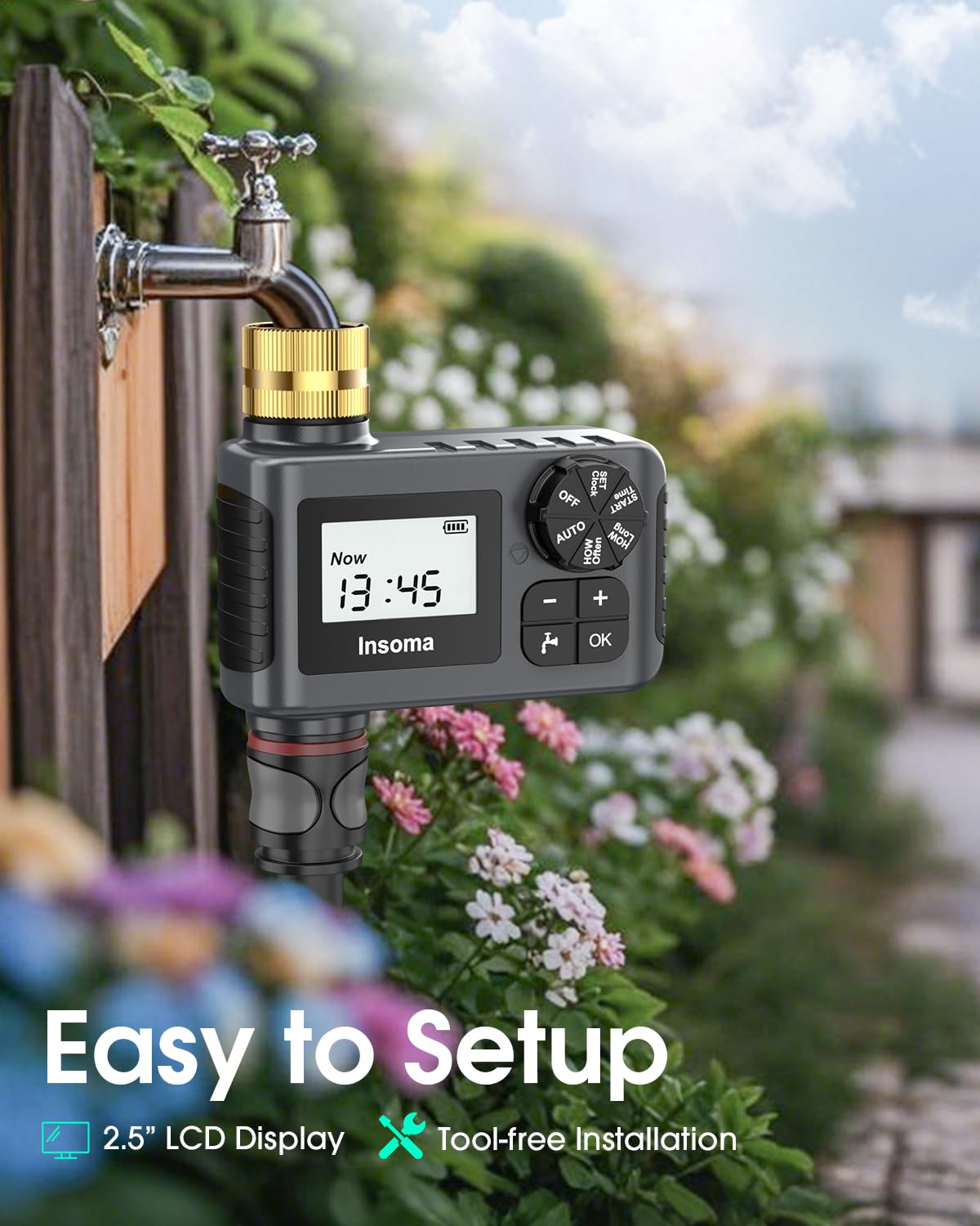 Insoma timer ideal for outdoor garden irrigation and lawn watering.