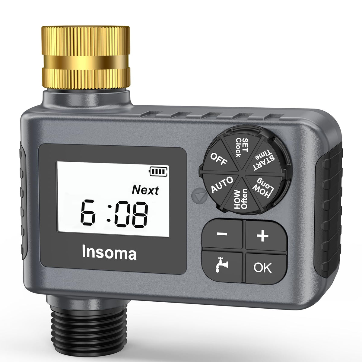 Insoma water timer lcd display enables easy setup and program monitoring.