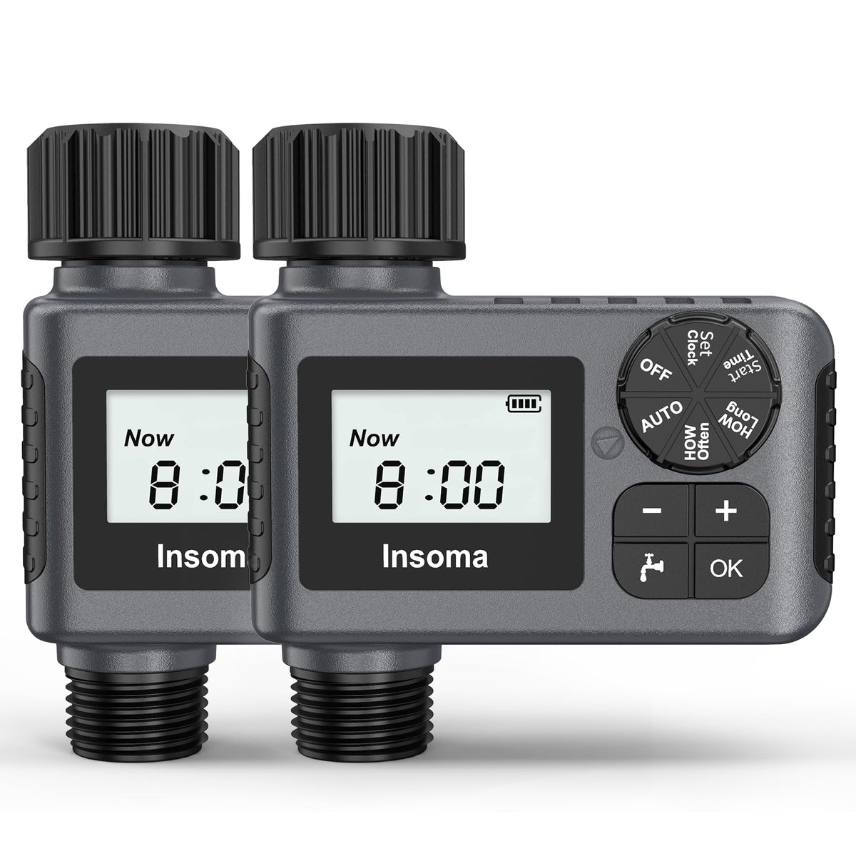 Insoma water timer mounted on an outdoor hose showing easy setup and reliable watering.