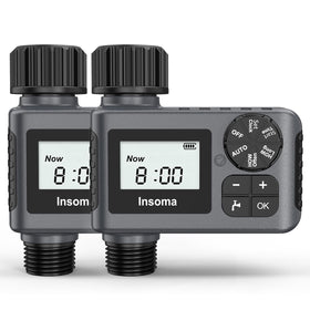 Insoma water timer mounted on an outdoor hose showing easy setup and reliable watering.