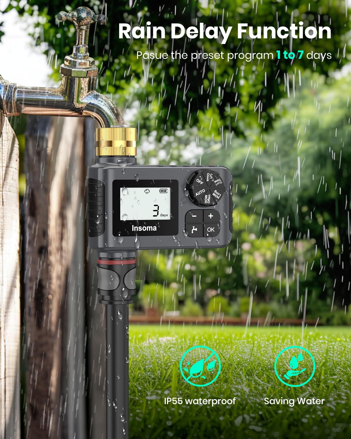 Insoma water timer rain delay pauses watering during rain