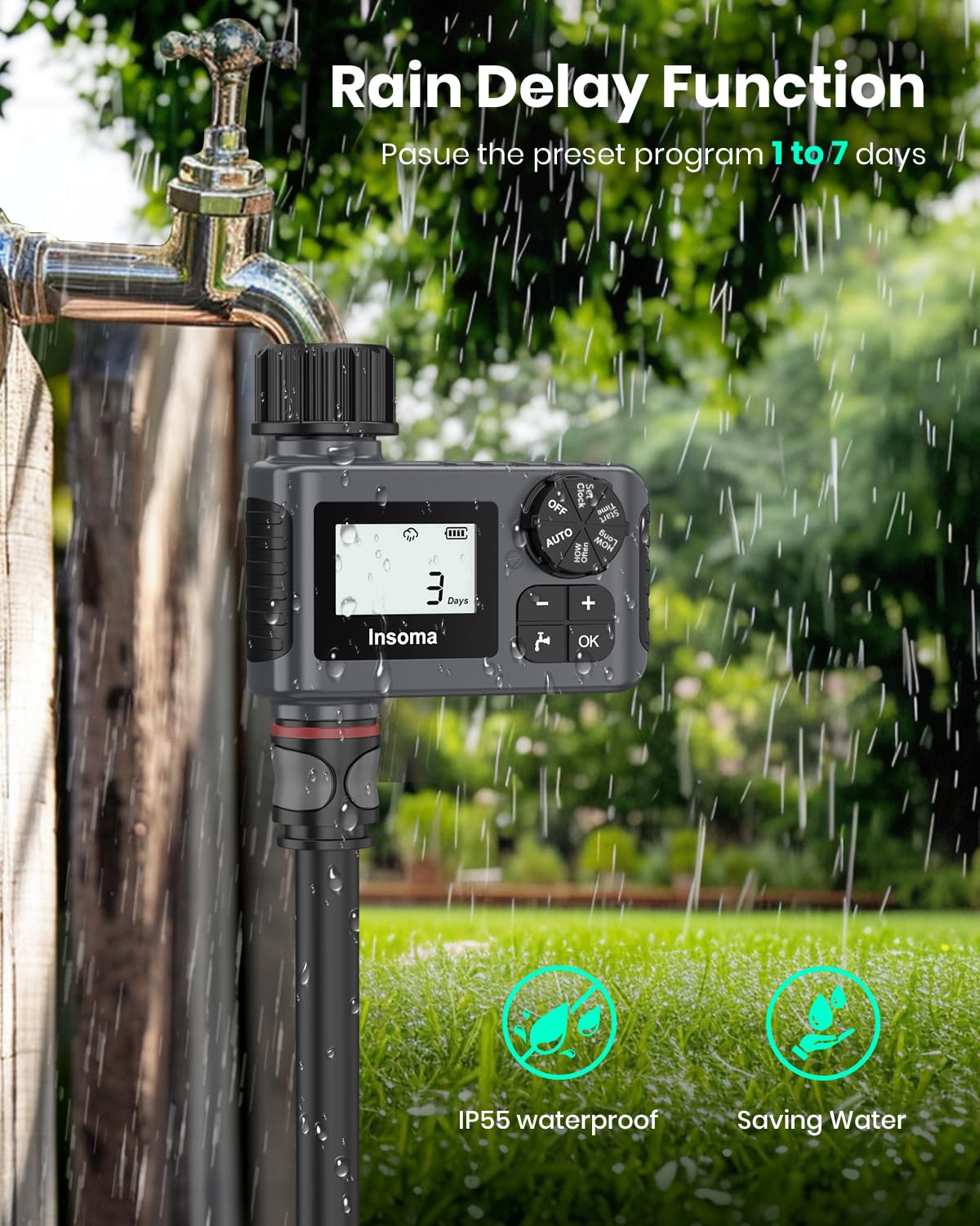 Insoma timer’s IP55-sealed body withstands outdoor weather for long-lasting use.