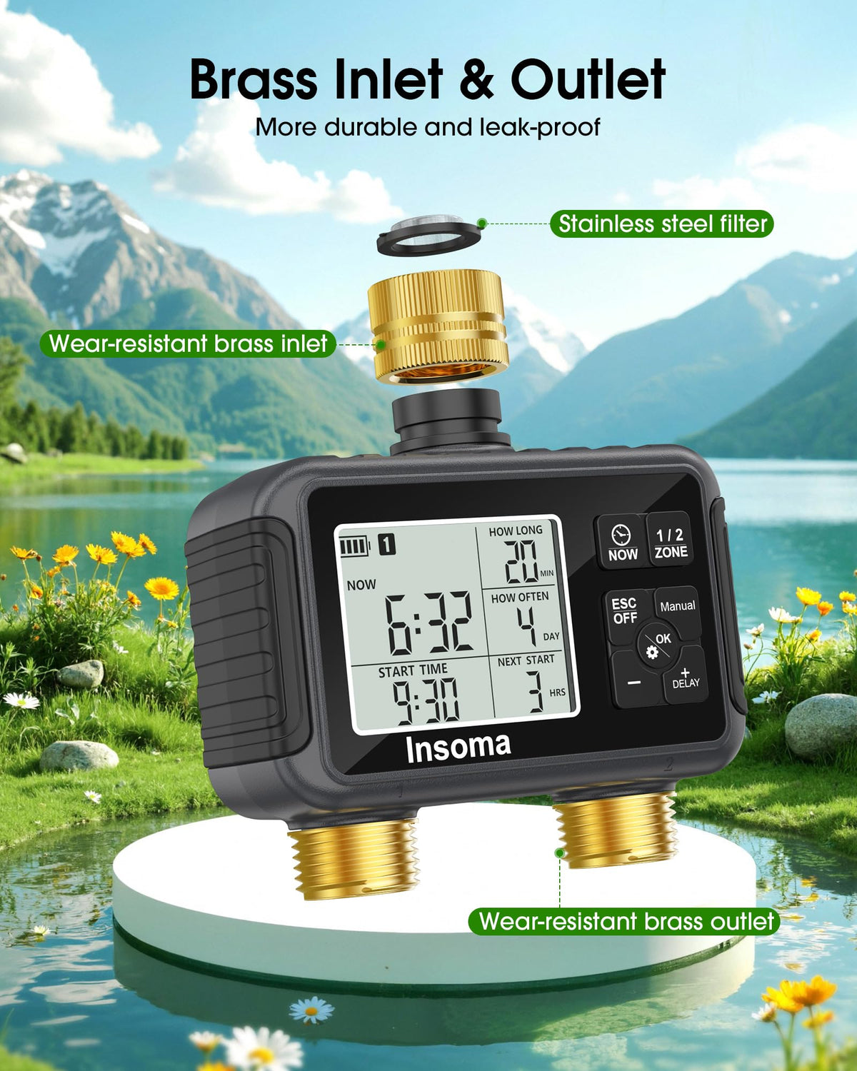 Insoma water timer with two zones enables efficient garden irrigation planning.