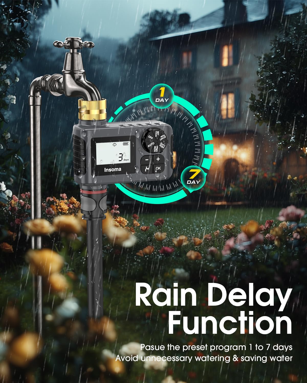 Insoma timer waterproof housing guards electronics in rain and sun.