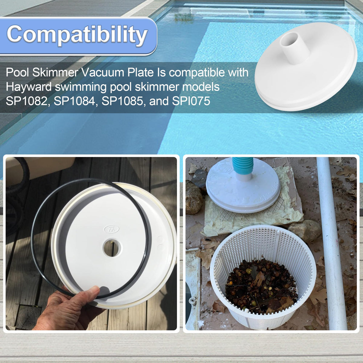 Installation guide graphic showing safe glove-friendly skimmer plate setup.