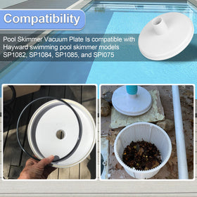 Installation guide graphic showing safe glove-friendly skimmer plate setup.