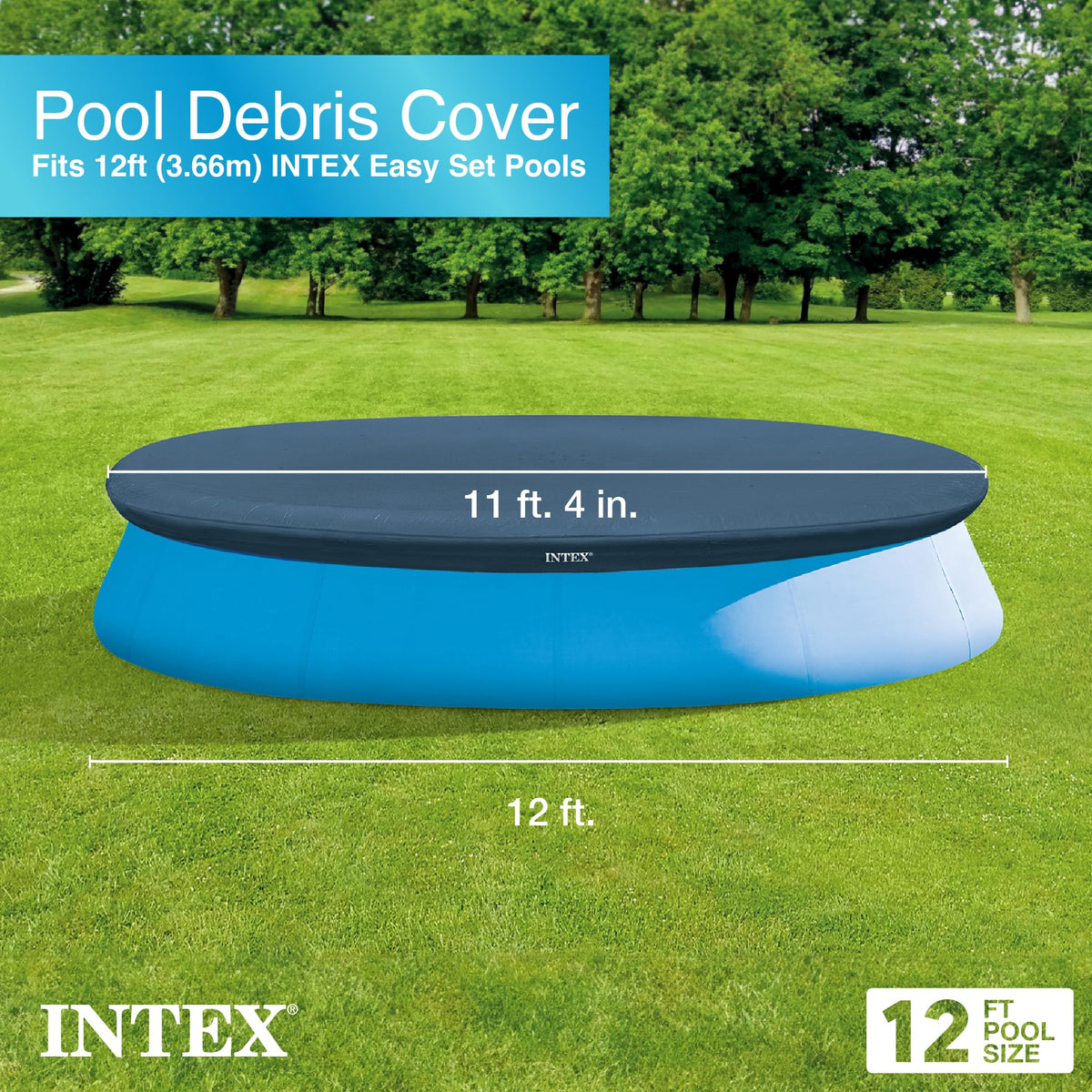 Intex 28022E round pool cover protects against debris for a cleaner pool
